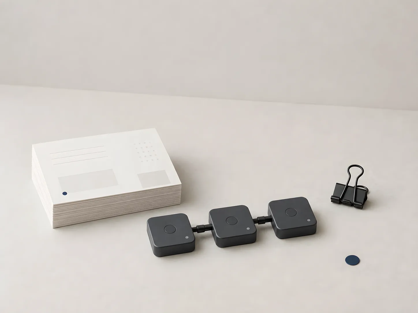 Minimal studio still life with blank index cards, linked charcoal connector tiles, a binder clip, and a small blue marker