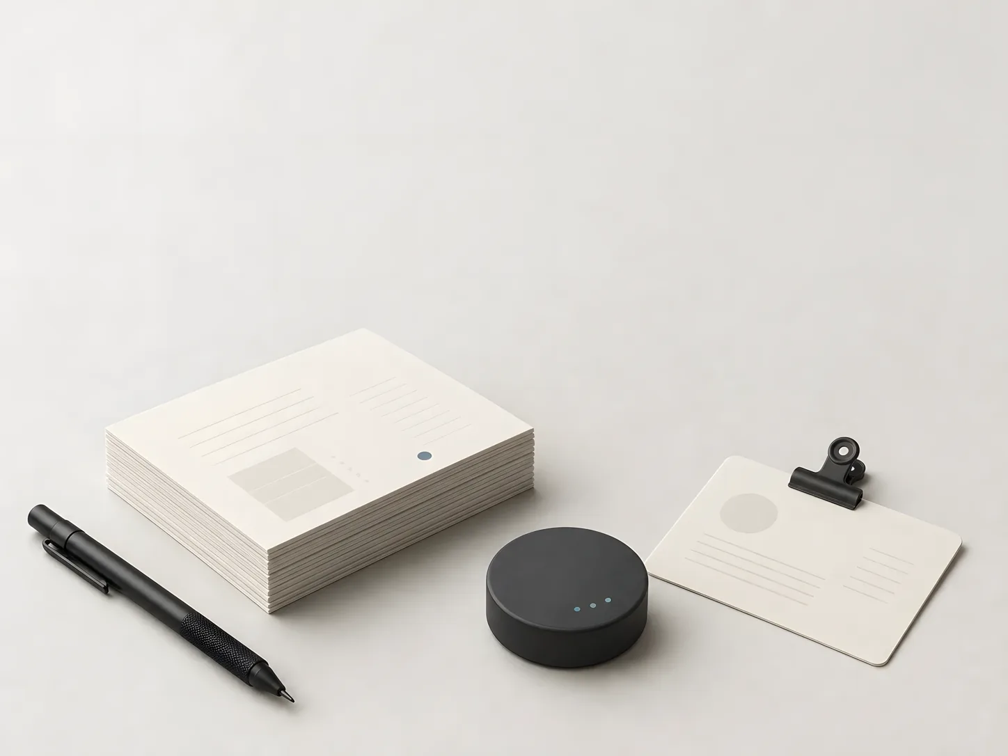 Minimal studio still life with blank note cards, a black pen, a charcoal voice-token puck, and a clipped editorial card