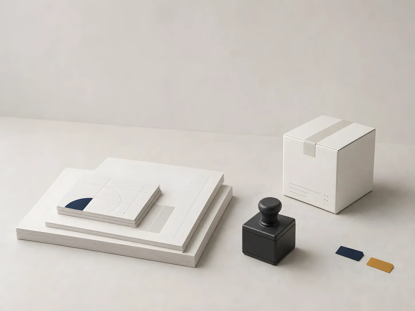 Minimal studio still life with blank shipping cards, a parcel cube, a black inspection stamp, and small marker tabs