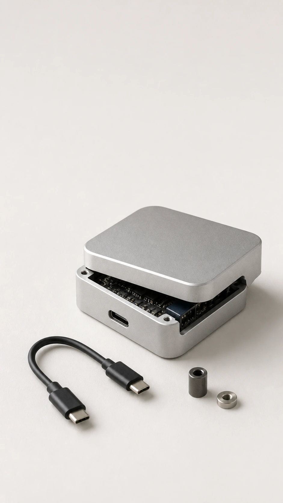 Compact aluminum electronics prototype on a light studio background