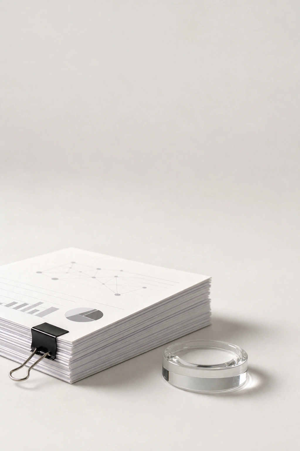 Document stack with a binder clip and glass loupe on a light studio background