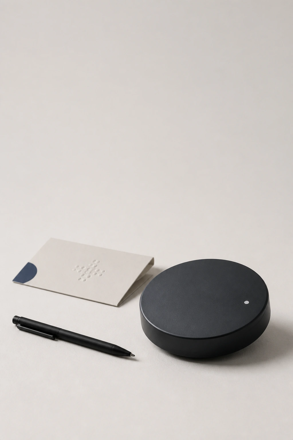 Charcoal status puck, maintenance card, and black pen on a light studio background